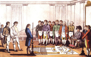 Initiation eines „Suchenden“. Kupferstich, 1745 in Frankreich, Gearbeitet - Freimaurer Initiation